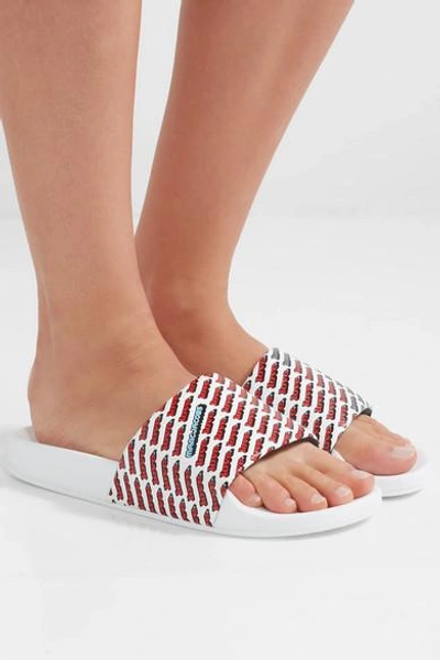 Shop Marc Jacobs Love Printed Leather Slides In White