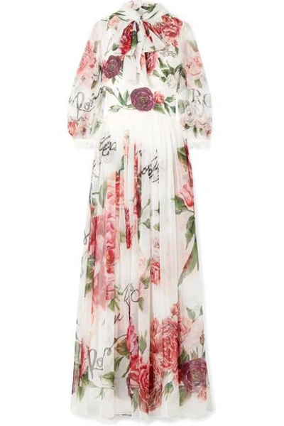 Shop Dolce & Gabbana Pussy-bow Floral-print Silk-chiffon Gown In White
