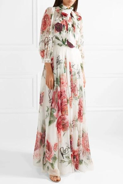 Shop Dolce & Gabbana Pussy-bow Floral-print Silk-chiffon Gown In White