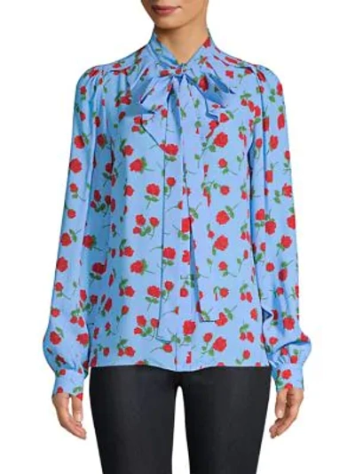 Shop Michael Kors Floral Print Bow Blouse In Blue Multi