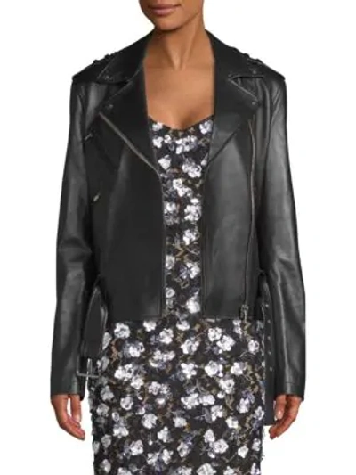 Shop Michael Kors Ruffle Sleeve Leather Moto Jacket In Black