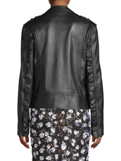 Shop Michael Kors Ruffle Sleeve Leather Moto Jacket In Black