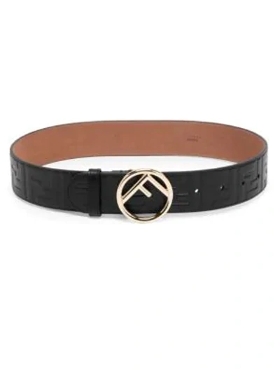 Shop Fendi Leather Logo Belt In Black Soft Gold