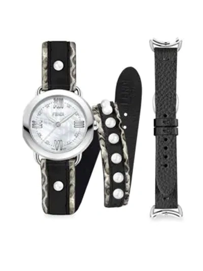 Shop Fendi Selleria Stainless Steel Interchangeable Mother-of-pearl & Leather Strap Watch Set In Black