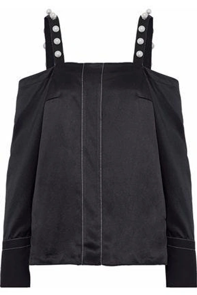 Shop 3.1 Phillip Lim Cold-shoulder Faux Pearl-embellished Silk-satin Top In Black