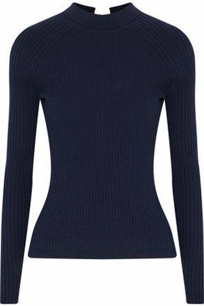 Shop Autumn Cashmere Woman Tie-back Ribbed Merino Wool-blend Sweater Midnight Blue