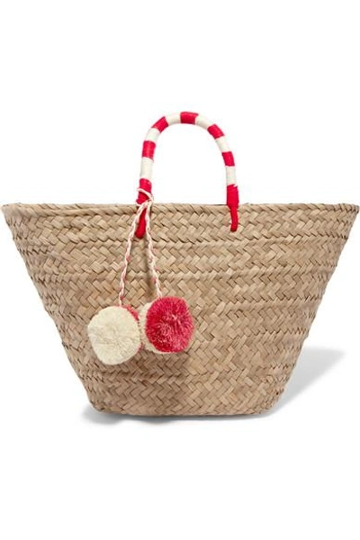 Shop Kayu St Tropez Pompom-embellished Embroidered Woven Straw Tote In Beige