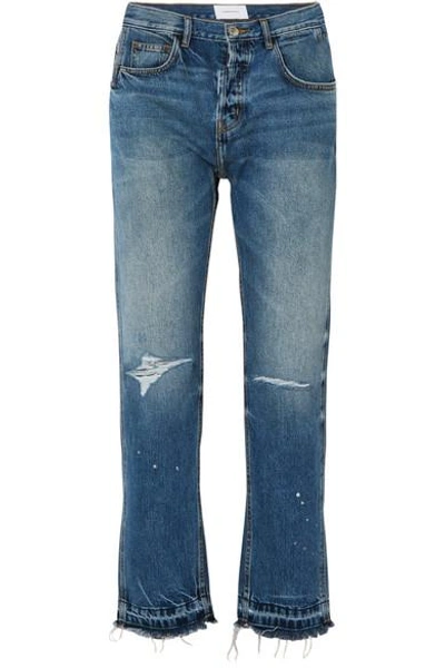 Shop Current Elliott The Throwback Original Distressed High-rise Straight-leg Jeans In Mid Denim