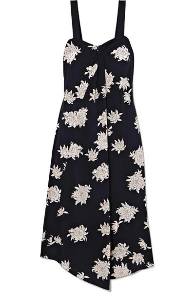 Shop Vince Asymmetric Floral-print Silk-crepe Midi Dress In Midnight Blue