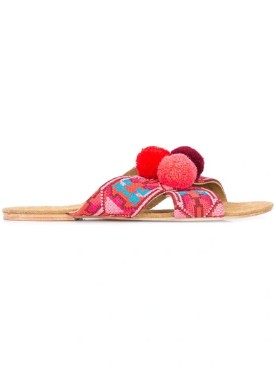 Shop Figue Embroidered Pom Pom Sandals In Red