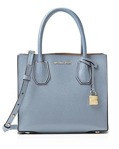 Shop Michael Michael Kors Mercer Medium Leather Messenger In Pale Blue/gold