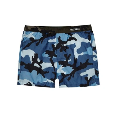 Shop Valentino Camouflage-print Swim Shorts In Blue