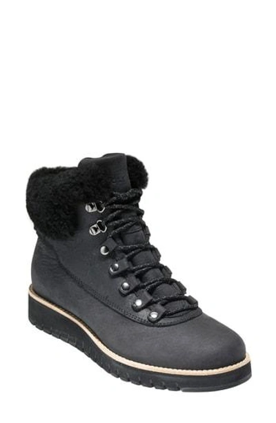 Shop Cole Haan Grandexpl?re Genuine Shearling Trim Waterproof Hiker Boot In Black Leather
