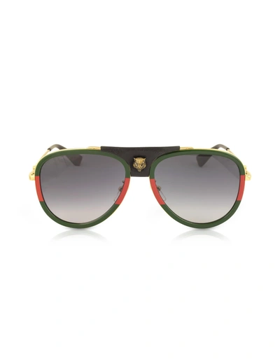 Shop Gucci Gg0062s Aviator Gold Metal And Black Leather Sunglasses In Gold/gradient Black