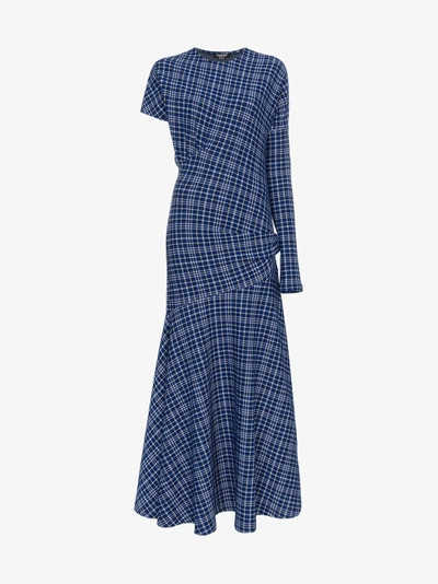 Shop Calvin Klein 205w39nyc Single Sleeve Check Asymmetric Dress In Blue