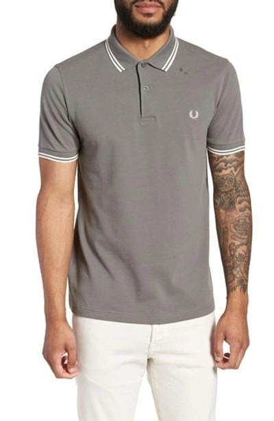 Shop Fred Perry Extra Trim Fit Twin Tipped Pique Polo In Mid Grey/ Ecru