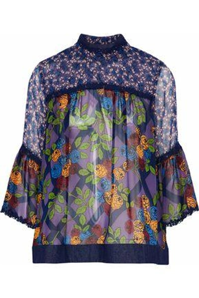 Shop Anna Sui Denim-trimmed Floral-print Silk-chiffon Top In Purple