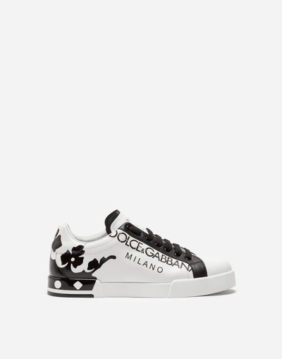 Shop Dolce & Gabbana Portofino Sneakers In Printed Patent Calfskin In White/black