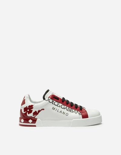 Shop Dolce & Gabbana Portofino Sneakers In Printed Patent Calfskin In White/red
