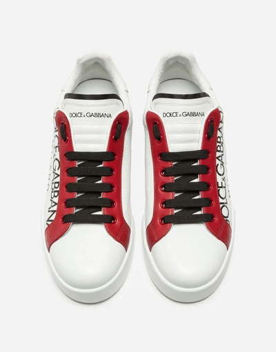 Shop Dolce & Gabbana Portofino Sneakers In Printed Patent Calfskin In White/red