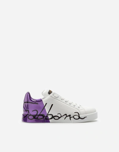 Shop Dolce & Gabbana Leather Portofino Sneakers With Metallic Heel In White/purple