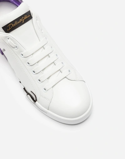 Shop Dolce & Gabbana Leather Portofino Sneakers With Metallic Heel In White/purple