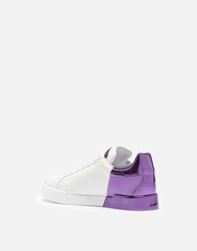 Shop Dolce & Gabbana Leather Portofino Sneakers With Metallic Heel In White/purple