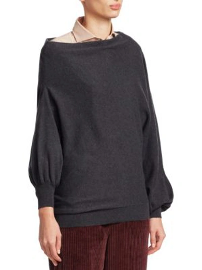 Shop Brunello Cucinelli Off-the-shoulder Cashmere Knit Sweater In Onyx