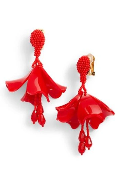 Shop Oscar De La Renta Small Impatiens Flower Drop Clip Earrings In Scarlet