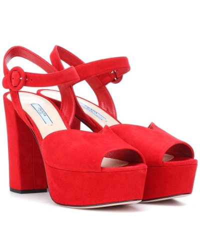 Shop Prada Suede Plateau Sandals In Red