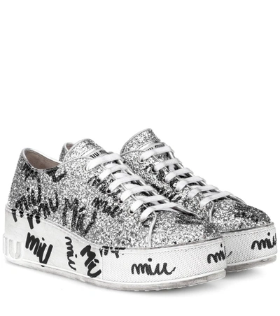 Shop Miu Miu Glitter Platform Sneakers In Silver