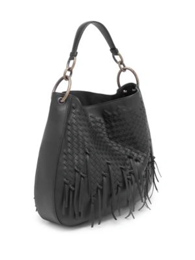 Shop Bottega Veneta Hoop Handle Tassel Hobo Handbag In Black