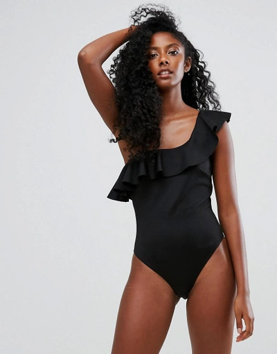 Shop Goddiva Goddiiva One Shoulder Frill Swimsuit - Black