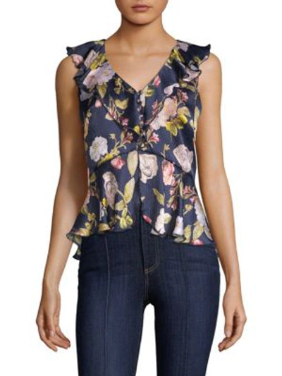 Shop Alice And Olivia Nora Ruffled Peplum Blouse In Hazy Floral Saphire