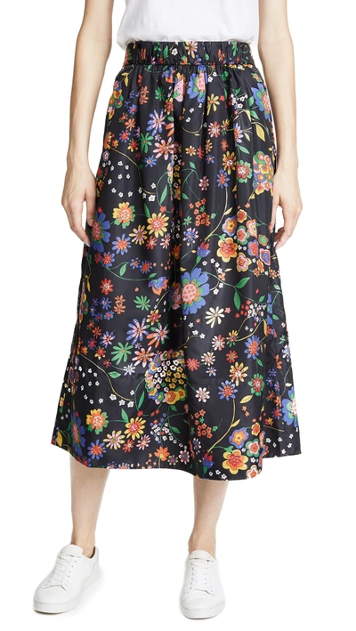 Shop Tibi Smocked Floral Skirt In Navy Multi