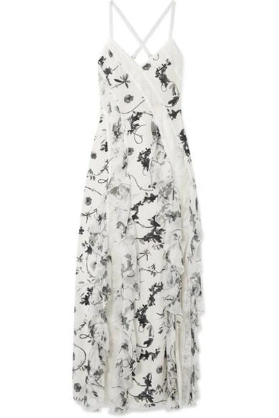 Shop Alice And Olivia Jayda Lace-trimmed Ruffled Floral-print Silk Crepe De Chine Maxi Dress In White
