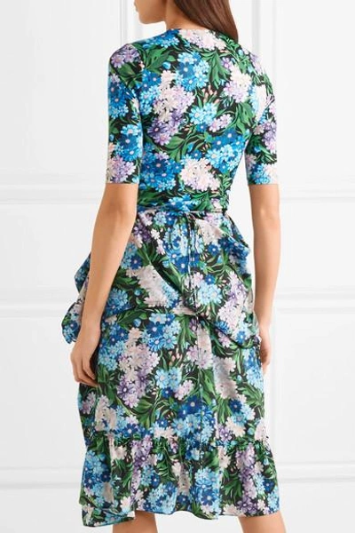 Shop Balenciaga Gathered Floral-print Jersey And Crepe Dress In Blue