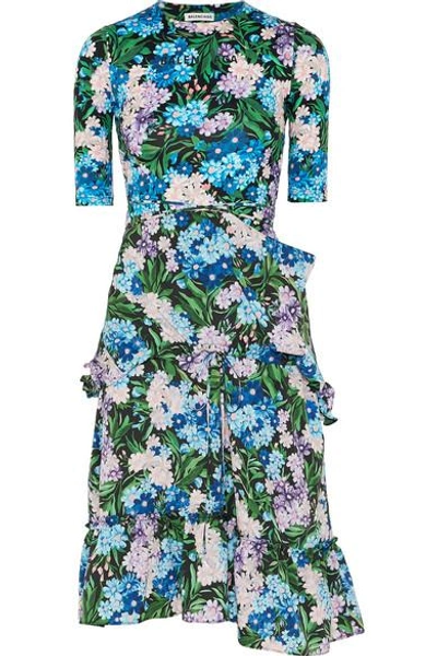 Shop Balenciaga Gathered Floral-print Jersey And Crepe Dress In Blue