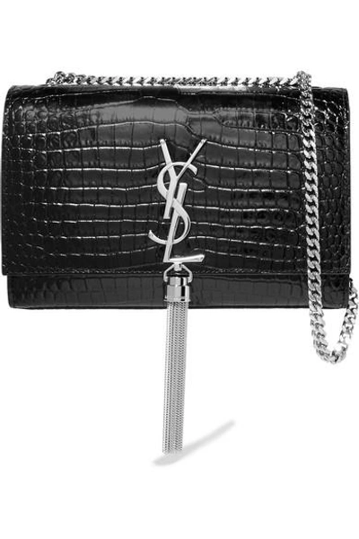 Shop Saint Laurent Monogramme Kate Croc-effect Leather Shoulder Bag In Black