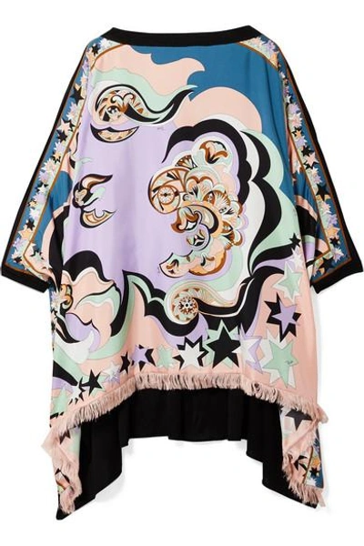 Shop Emilio Pucci Edie Fringed Printed Silk-twill And Chiffon Top In Lilac