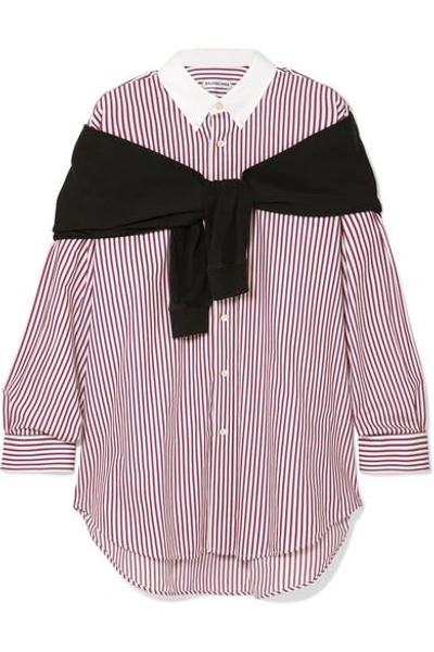 Shop Balenciaga Jersey And Striped Cotton-poplin Shirt In Burgundy