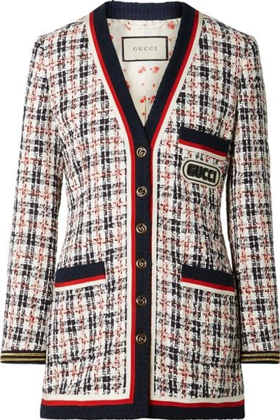 Shop Gucci Grosgrain-trimmed Metallic Tweed Jacket In Navy