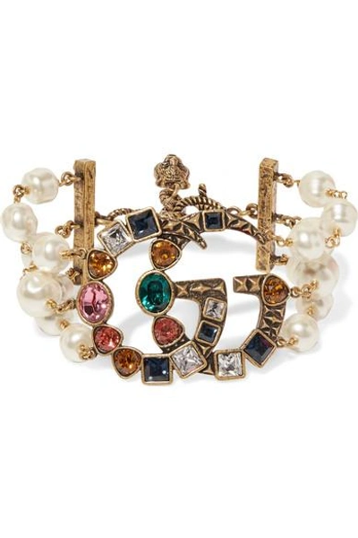 Shop Gucci Gold-plated, Faux-pearl And Crystal Bracelet