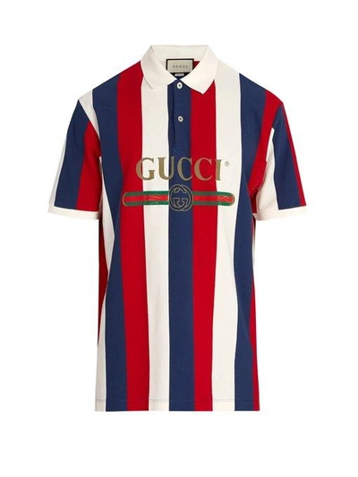 Gucci Baiadera Striped Cotton-piqué Polo Shirt In Blue | ModeSens