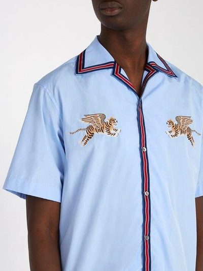 Gucci Flying Tiger-embroidered Regular-fit Cotton Shirt In Blue | ModeSens