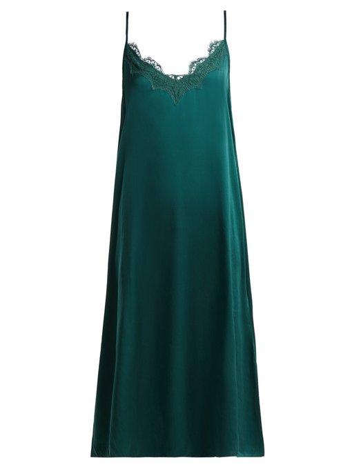 dark green silk slip dress