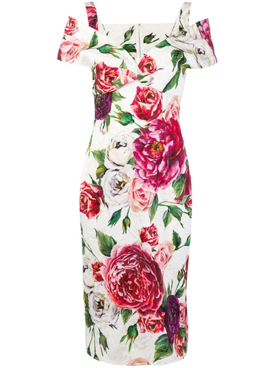 Shop Dolce & Gabbana Floral Print Cold Shoulder Dress - Multicolour