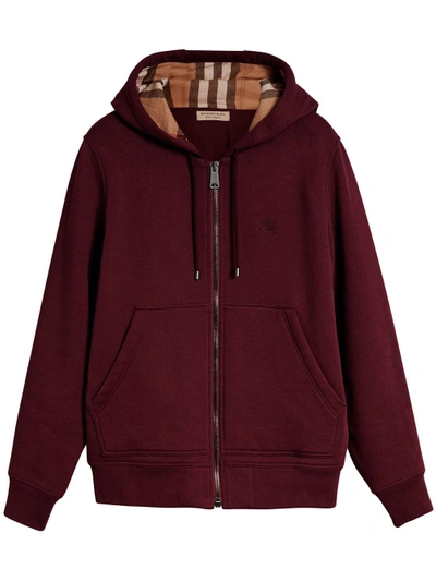 Shop Burberry Check Detail Jersey Hooded Top - Red