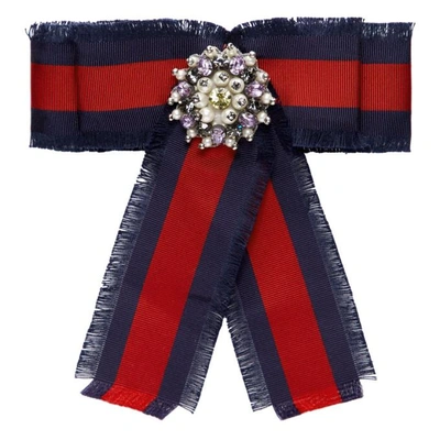 Shop Gucci Red And Navy Grosgrain Stripe Bow Brooch In 9098 Redblu