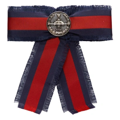 Shop Gucci Red And Navy Grosgrain Stripe Bow Brooch In 9098 Redblu
